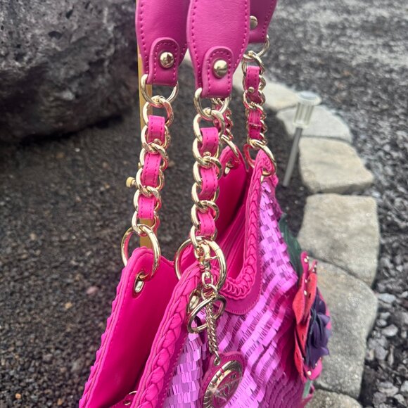Sharif Designed in New York Pink Leather Sequin Fringe Shoulder Bag Magenta - Picture 6 of 17